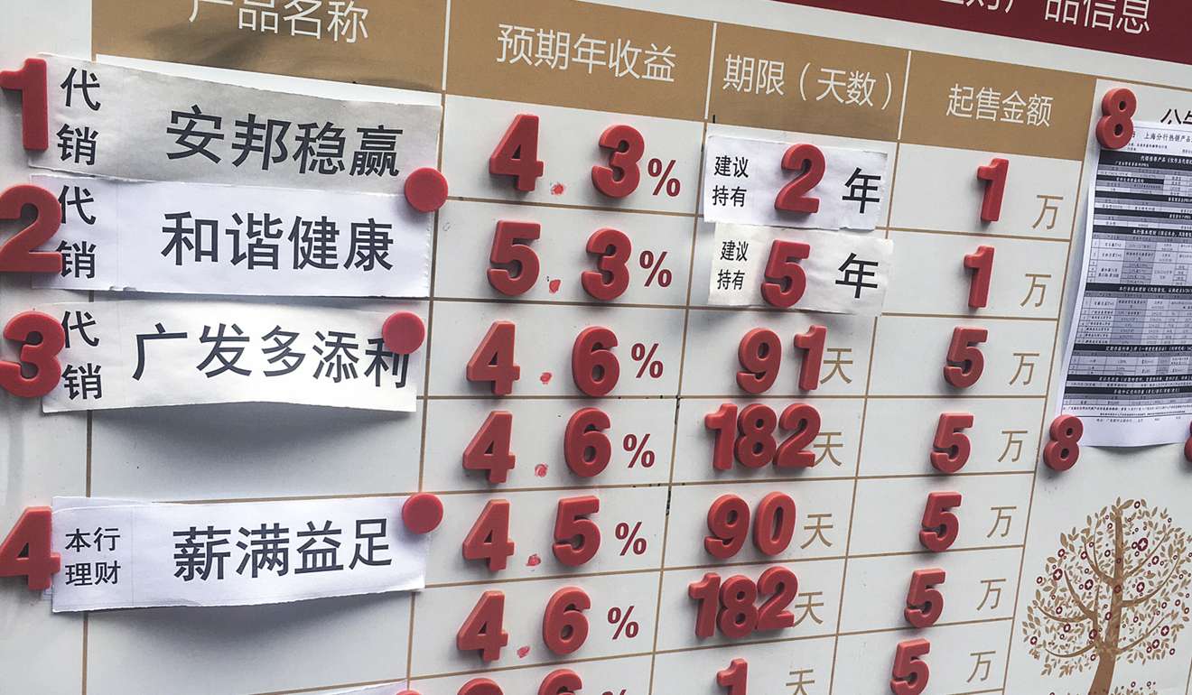 One universal life insurance product from Anbang Insurance Group, claims an expected annual return of 4.3 per cent to be held for two years with an minimum payment of 10,000 yuan. Photo: Maggie Zhang