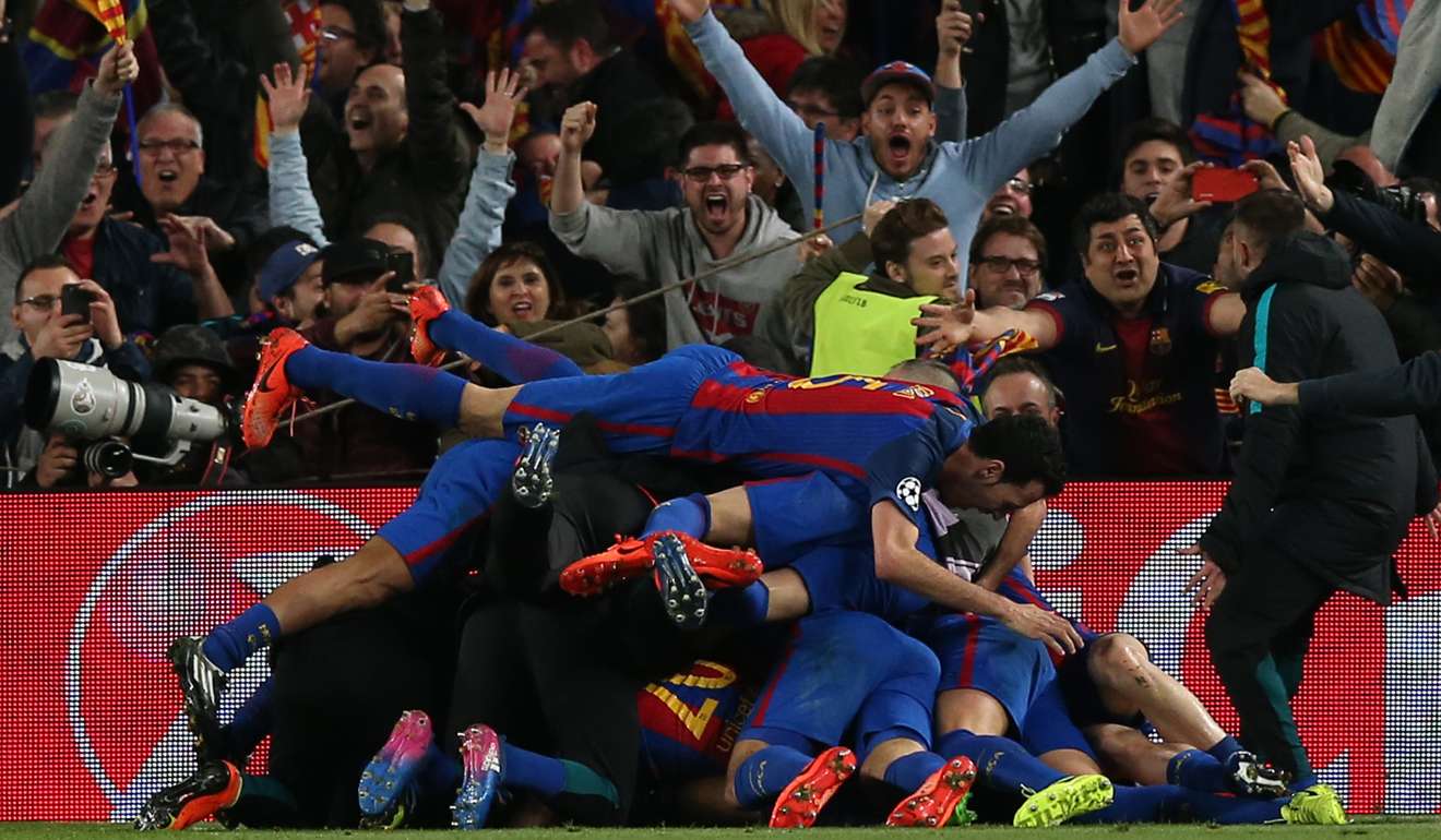 Barcelona players celebrate Sergi Roberto’s winner against Paris St Germain. Photo: Reuters