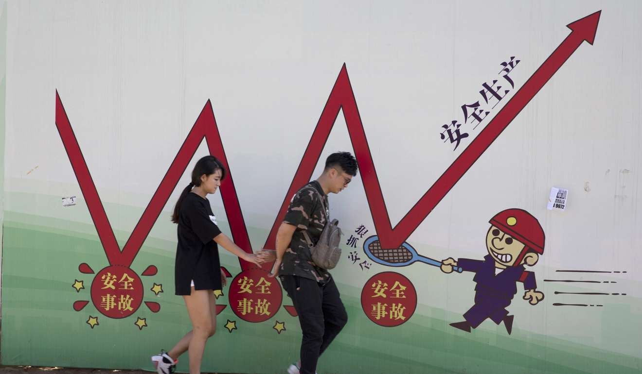 A couple walks in front of a work safety propaganda billboard in Beijing, China. Instead of dramatic new reforms, Chinese leaders emphasise reining in surging debt and financial risks to keep growth steady. Photo: AP