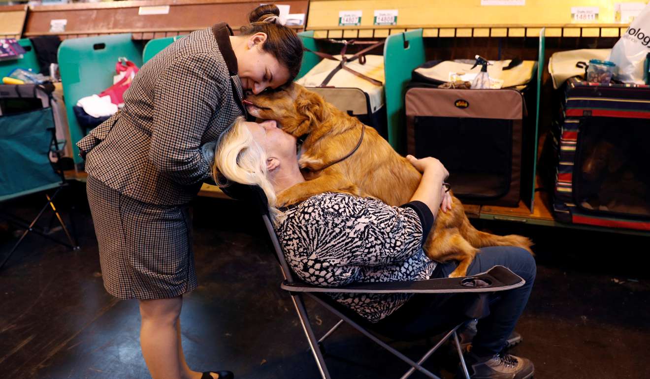 Sky (left) and Tina Westwood cuddle their Nova Scotia Duck Tolling Elsa during the third day of the Crufts Dog Show. Photo: Reuters