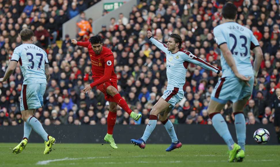 Liverpool’s Emre Can dispatches a fine effort into the bottom corner to give his side the lead. Photo: Reuters