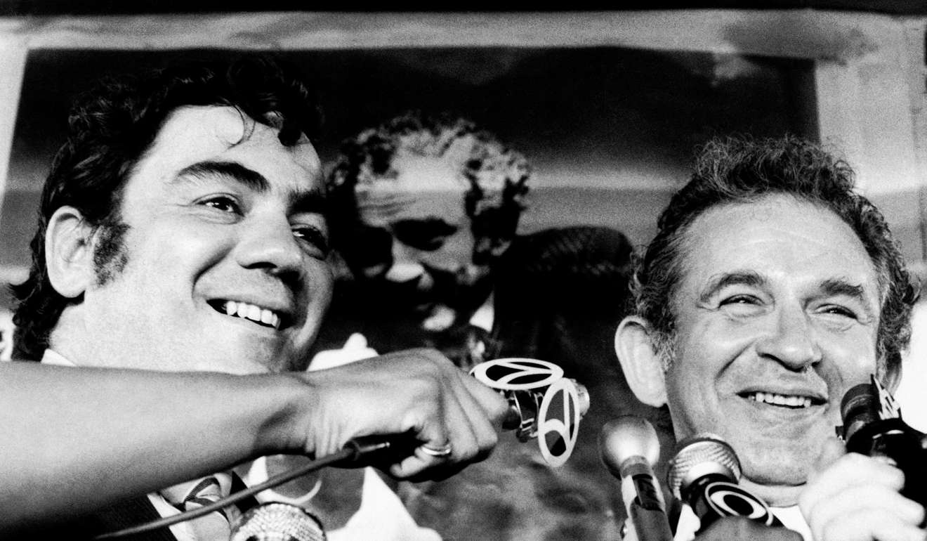 In this June 18, 1969, file photo, columnist Jimmy Breslin, left, and author Norman Mailer concede defeat in New York City's primary election after Mailer's unsuccessful bid for mayor, with Breslin as his running mate for city council president. Photo: AP