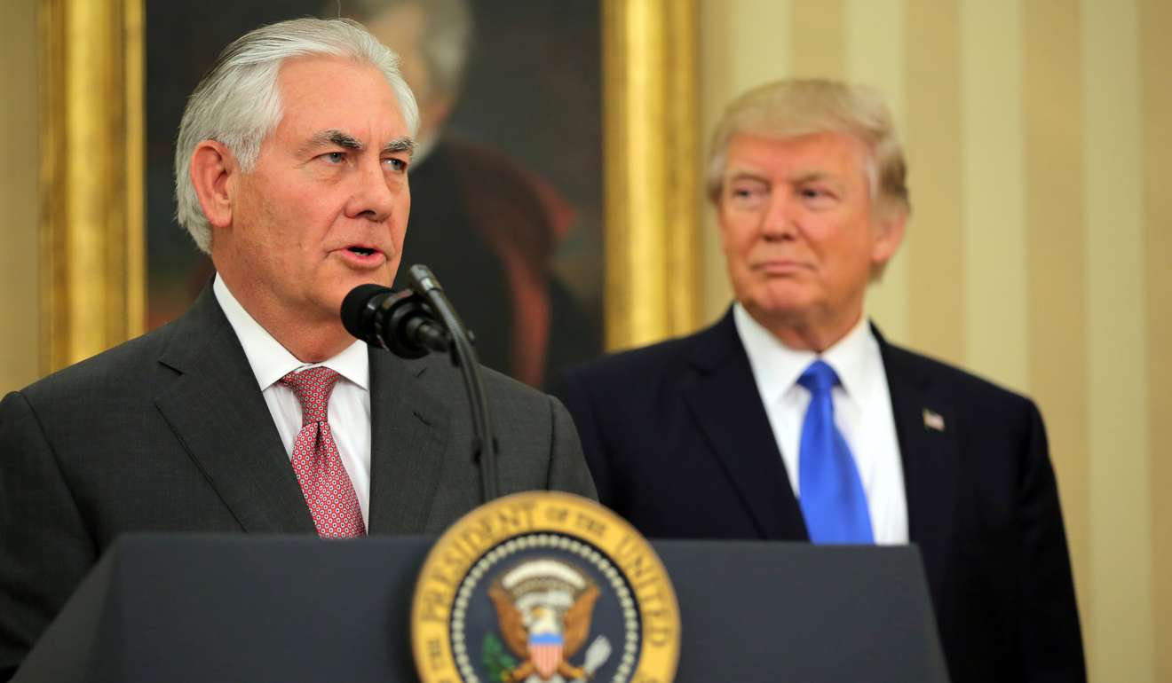 US Secretary of State Rex Tillerson speaks after his swearing-in ceremony, accompanied by US President Donald Trump at the Oval Office of the White House in Washington, DC. Photo: Reuters