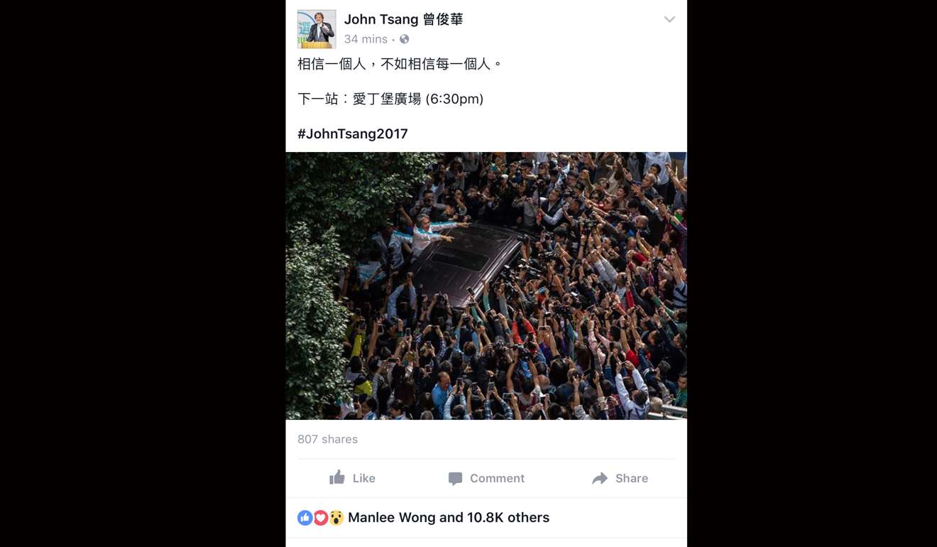 This Facebook image of John Tsang garnered more than 10,000 “likes” within half an hour. Photo: Handout