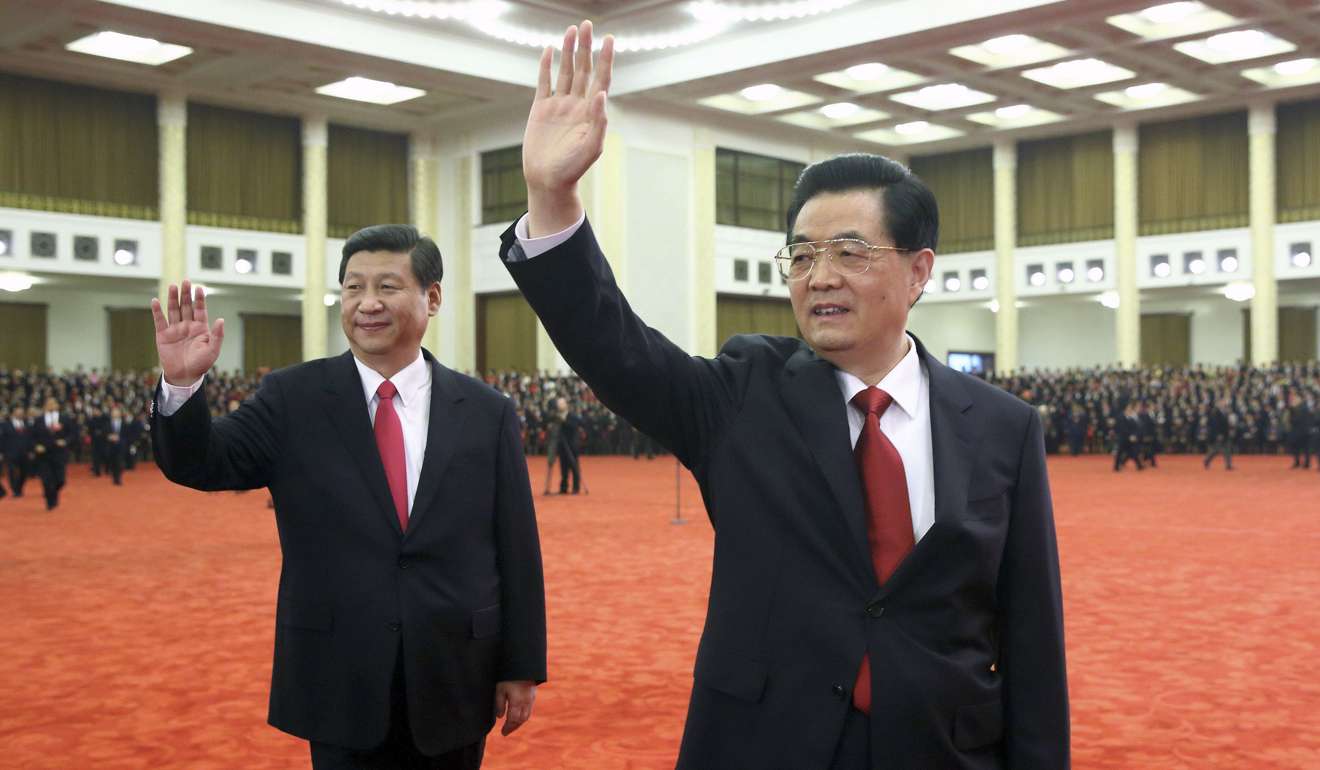 Communist Party general secretary Xi Jinping (left) and predecessor Hu Jintao wave to delegates at the end of the party’s 18th national congress in November 2012. Photo: Reuters