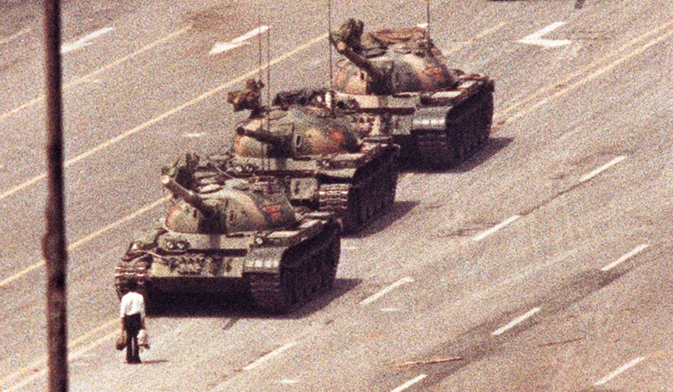 The unknown man who blocked a convoy of tanks on the edge of Tiananmen Square on June 5, 1989. Photo: Reuters