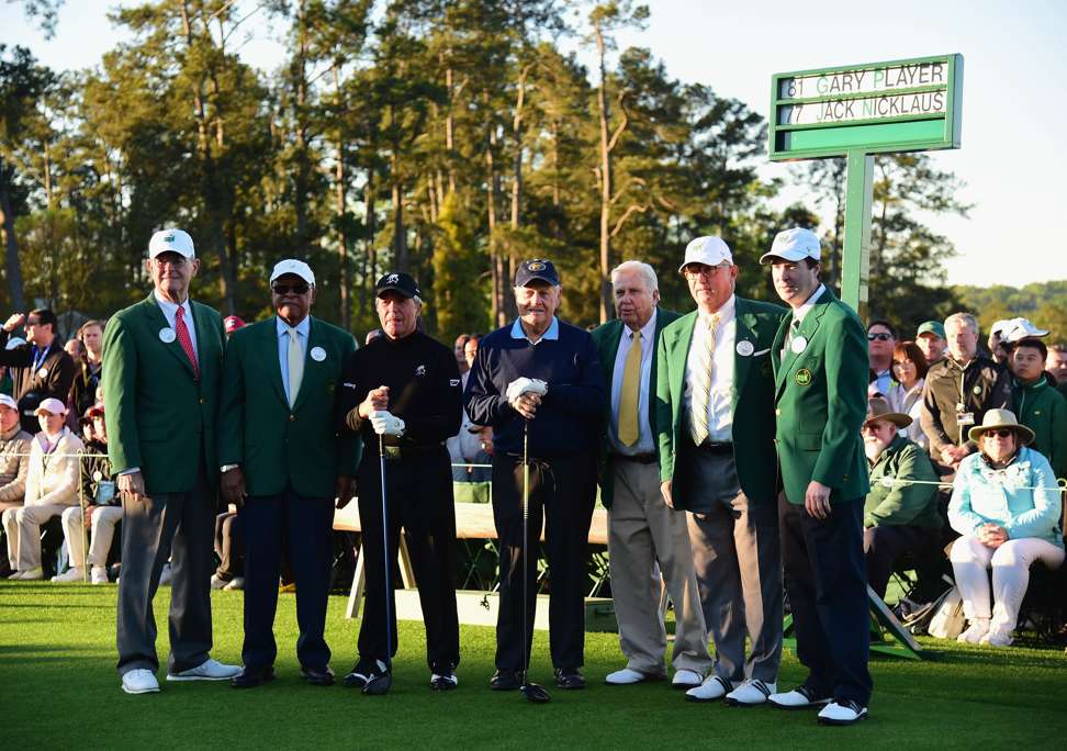 Honourary starters Jack Nicklaus and Gary Player smile alongside Augusta National members after the first tee ceremony. Photo: AFP