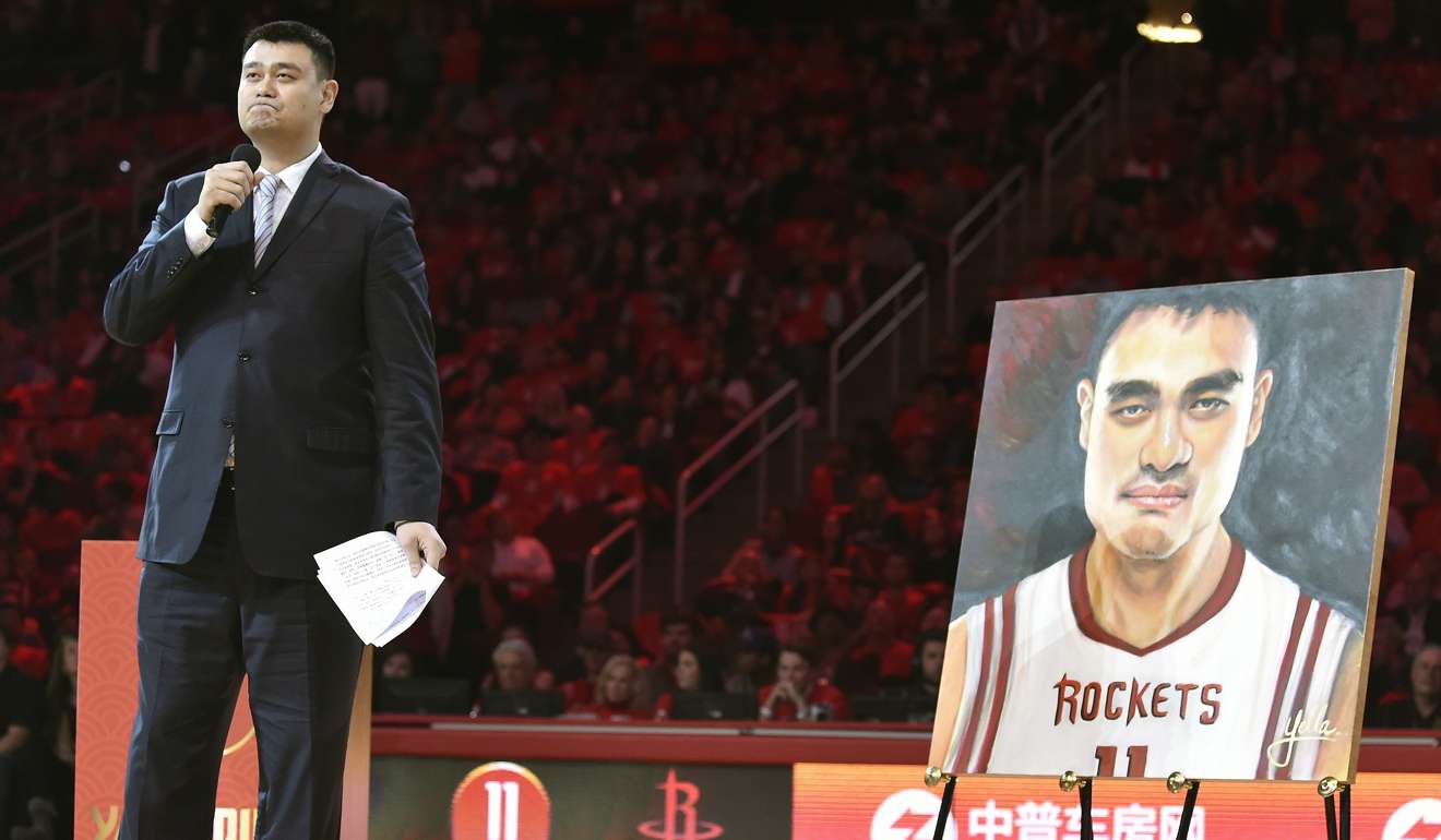 Retired Houston Rockets centre Yao Ming speaks during his jersey number retirement ceremony at half-time of an NBA basketball game between the Rockets and the Chicago Bulls, February 3, 2017. Photo: AP