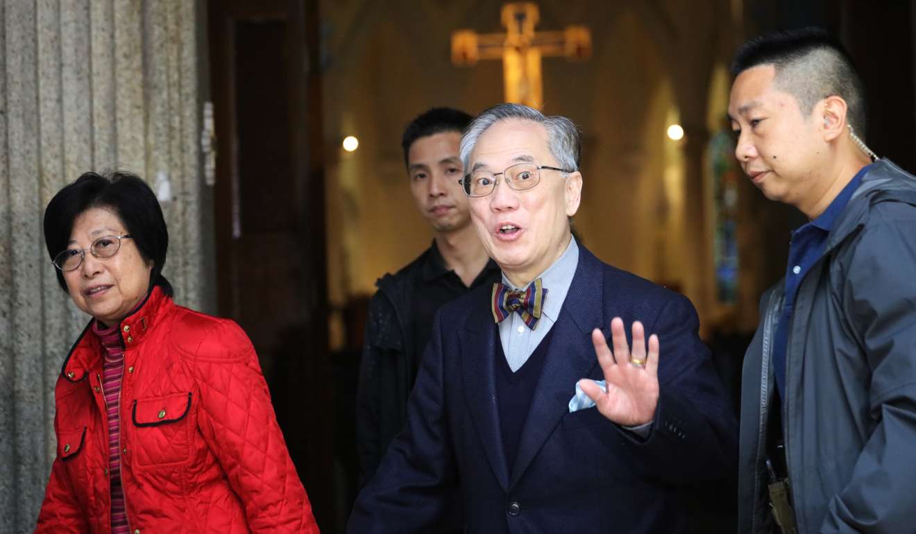 Disgraced former Hong Kong chief executive Donald Tsang with his wife Selina Tsang at the Hong Kong Catholic Cathedral of The Immaculate Conception in Central. Photo: Felix Wong