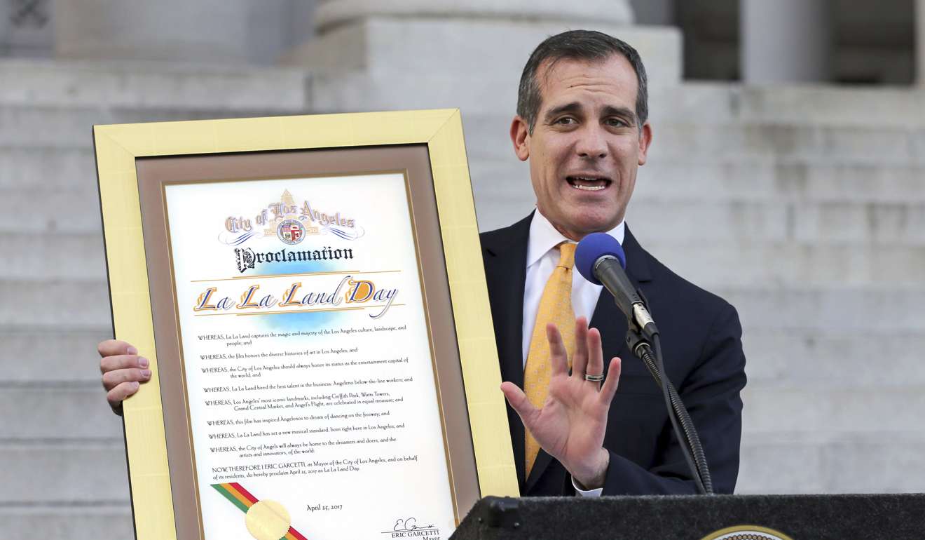 Los Angeles Mayor Eric Garcetti appears at a press event proclaiming