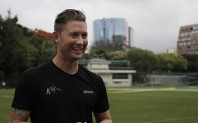 A jovial Michael Clarke at the Kowloon Cricket Club on Friday. Photo: AP