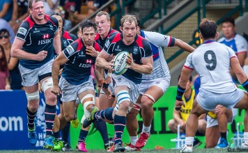 Toby Fenn finds himself in space en route to scoring against South Korea in their Asia Rugby Championship game at the Hong Kong Football Club. Photos: Ike Li