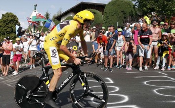 Tour de France overall leader Chris Froome puts the hammer down during his time trial blitz. Photo: Reuters