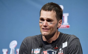 Tom Brady speaks to the media after the Patriots’ Super Bowl victory. Photo: AFP