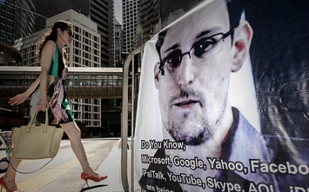 A banner displayed in support of Edward Snowden in Central. Photo: AFP