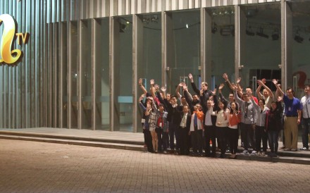 ATV staff say goodbye to media and fans after the station closed down at midnight on April 1. Photo: Edward Wong