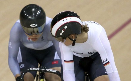 Hong Kong’s Sarah Lee and Germany’s Kristina Vogel tussle it out in the women’s sprint quarter-finals. Photo: Reuters