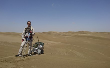 Rob Lilwall with his cart on a reconnaissance trip in Taklamakan, Xinjiang province.