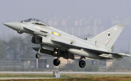 A British Royal Air Force Typhoon fighter jet takes off from the US Air Force Osan Air Base, 70km south of Seoul. Photo: Kyodo