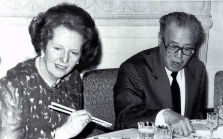 Former British prime minister Margaret Thatcher at a dinner hosted by visiting Chinese premier Zhao Ziyang at the Chinese embassy in London in 1985. Photo: Reuters