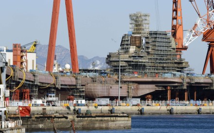 Mainland China's first domestically made aircraft carrier, the Shandong, pictured during construction in Dalian in December 2016. Photo: Kyodo