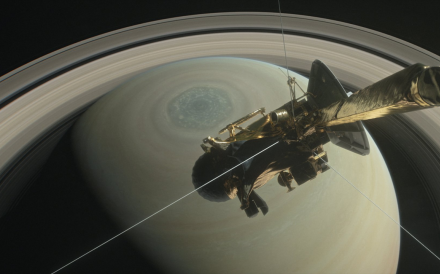 An illustration of the Cassini spacecraft over Saturn's north pole with its hexagon-shaped storm. Photo: NASA/JPL-Caltech