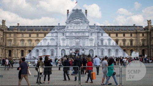 Pyramid at Louvre Museum covered by "trompe-l'oeil" art