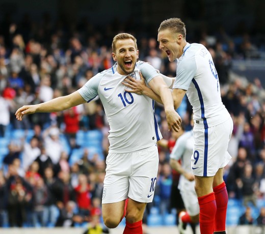 Harry Kane celebrates with Jamie Vardy after scoring the first goal for England in their win over Turkey. Photo: Reuters
