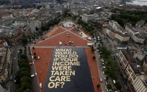 An 8,000-square-metre poster on display in Geneva, Switzerland, ahead of a vote on whether to adopt an unconditional basic income. Picture Reuters