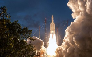 A handout photo provided by the French Space agency shows an Ariane 5 rocket taking off from its launch pad at the Guiana Space Centre Spaceport, in Korou, French Guiana, on June 18. Photo: EPA