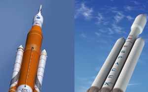 Illustrations of Boeing and NASA's Space Launch System (left) versus SpaceX's Falcon Heavy rocket (right). Photo: Boeing/NASA; SpaceX