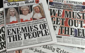 A selection of front pages of British newspapers taken on November 4, following the High Court ruling that the government does not have the power on its own to trigger Article 50 of the Lisbon Treaty. Photo: AFP A selection of front pages of British newspapers taken on November 4, following the High Court ruling that the government does not have the power on its own to trigger Article 50 of the Lisbon Treaty. Photo: AFP
