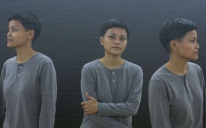 Artist Maria Taniguchi in a multi-exposure shot, in front of her art piece at the Galerie Perrotin. Photo: Chen Xiaomei