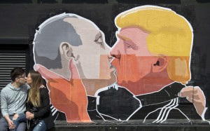 Graffiti depicting Russian President Vladimir Putin and US President-elect Donald Trump, on the walls of a bar in Lithuania. Photo: AP