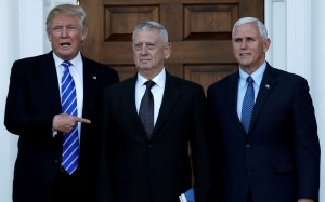 US president-elect Donald Trump (left) and vice-president-elect Mike Pence (right) greet retired General James Mattis in Bedminster, New Jersey, on Saturday. Photo: Reuters
