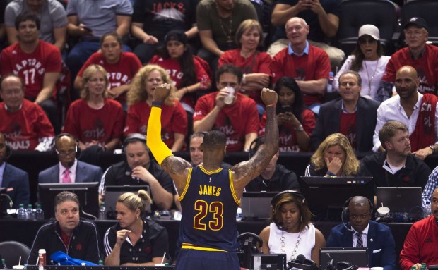 Cleveland Cavaliers forward LeBron James reacts to the crowd during game six against the Toronto Raptors. Photo: AP Cleveland Cavaliers forward LeBron James reacts to the crowd during game six against the Toronto Raptors. Photo: AP