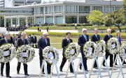 Foreign ministers from the Group of Seven advanced economies place wreaths at the cenotaph for the Atomic Bomb Victims at the Hiroshima Peace Memorial Park, in Hiroshima, Japan, on Monday. Photo: EPA