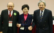 (L to R) Chief Executive candidates Woo Kwok-hing, Carrie Lam Cheng Yuet-ngor and John Tsang Chun-wah attend an election briefing session for candidates in Mong Kok. Photo: Felix Wong