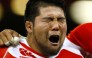 Kensuke Hatakeyama during the national anthem before Japan’s 33-30 loss to Wales in Cardiff on Saturday. Photo: Reuters