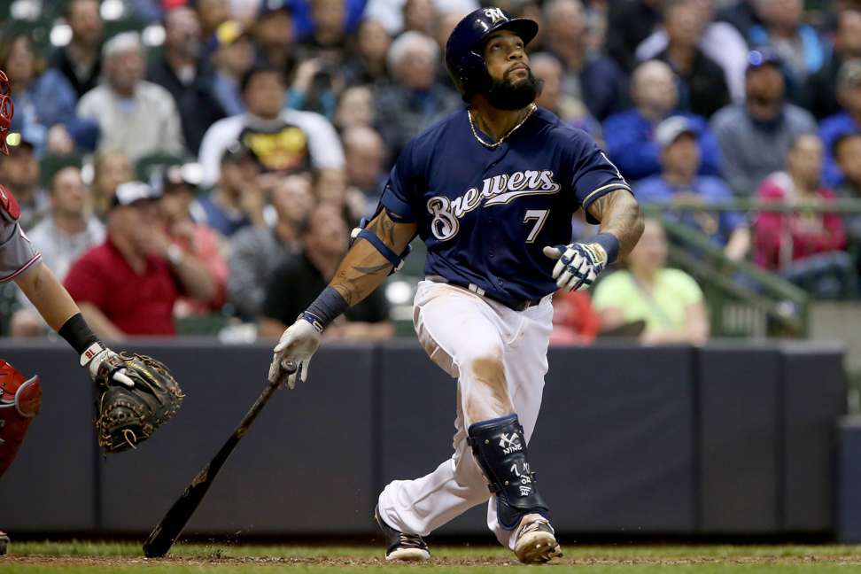 Eric Thames watches another blast clear the fence against the Cincinnati Reds. Photo: AFP