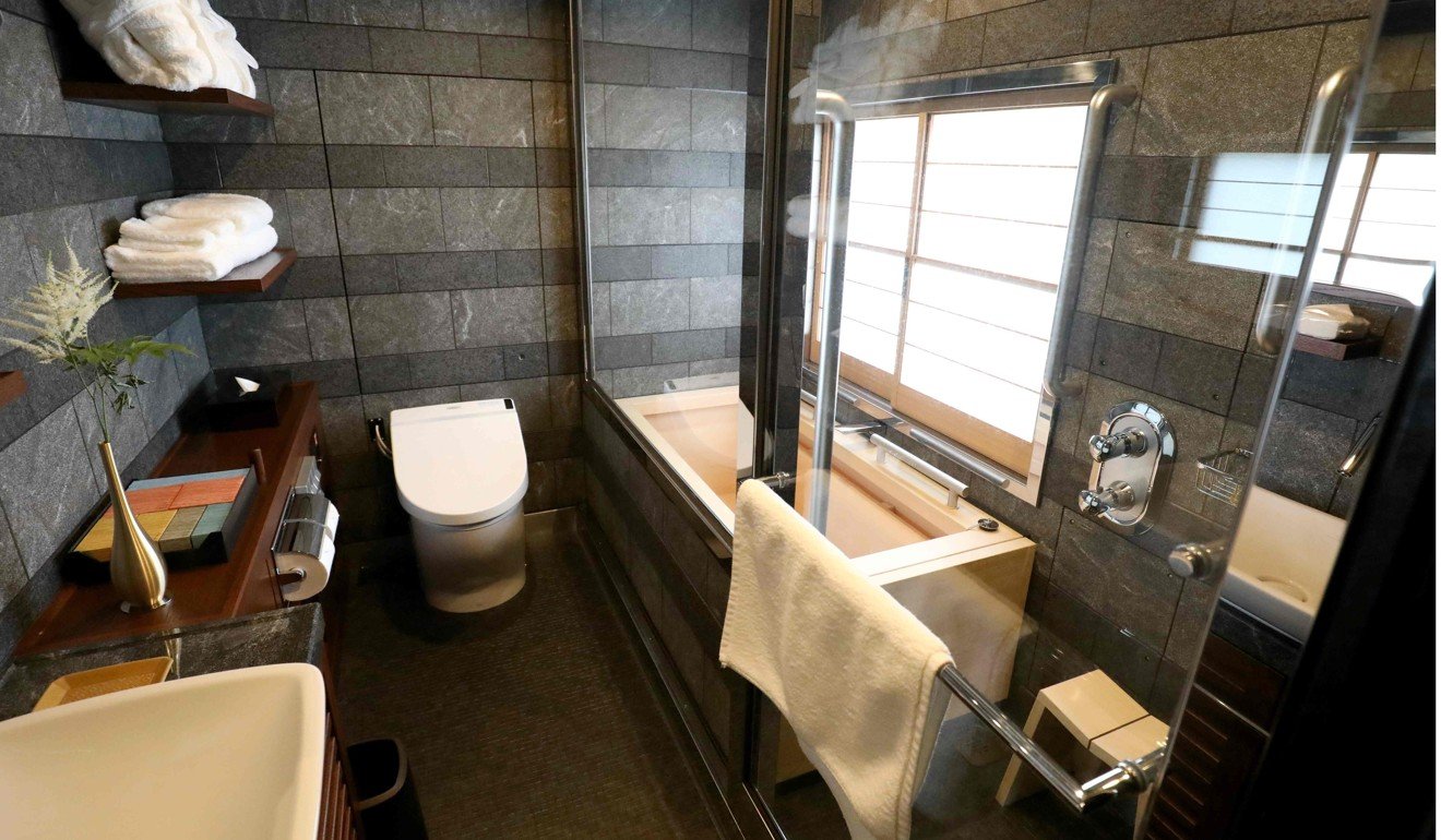 The bathroom of the Shiki-Shima Suite of the Train Suite Shiki-Shima. The luxury sleeper Shiki-Shima, which can accommodate up to 34 passengers, has 10 cars, including a lounge car, a dining car and two observatory cars. Photo: AFP