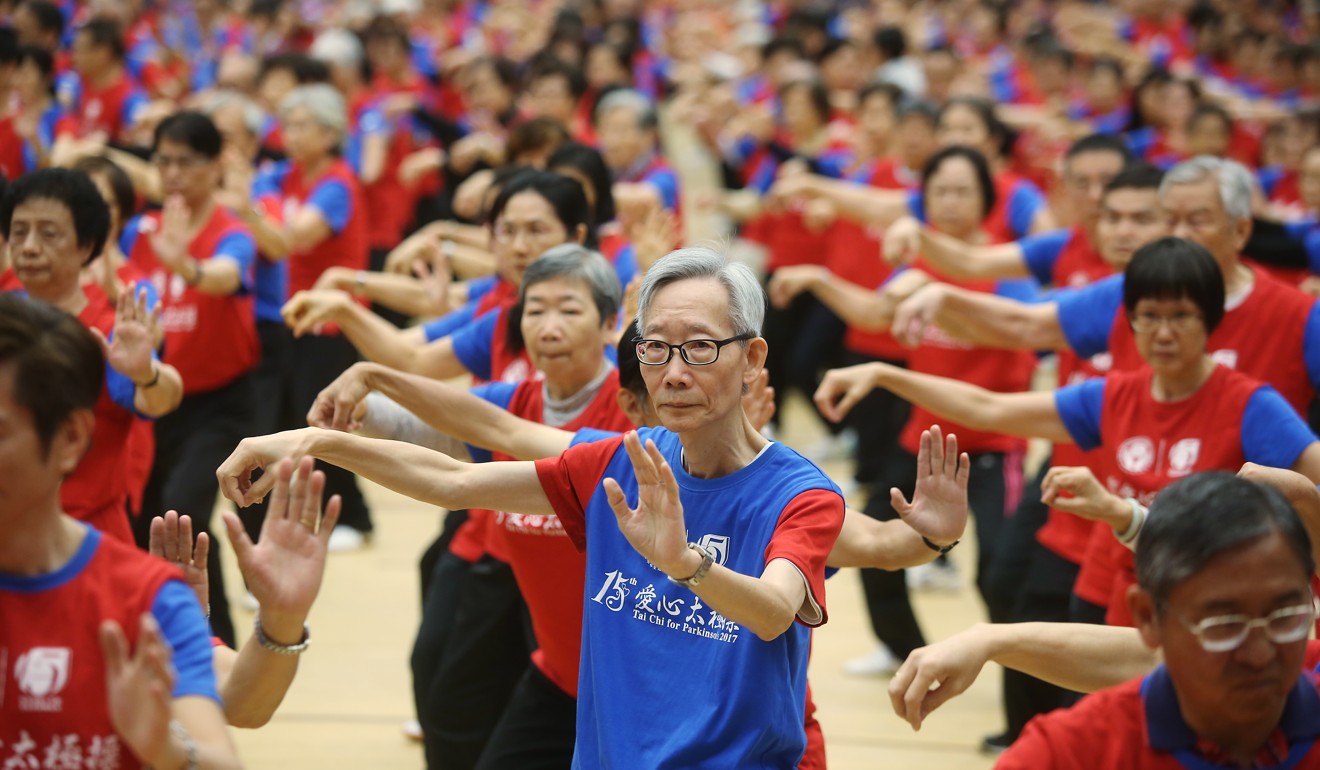 A mass Taichi exercise to raise awareness of fall prevention organised by the Hong Kong Parkinson’s Disease Foundation. Photo: Sam Tsang