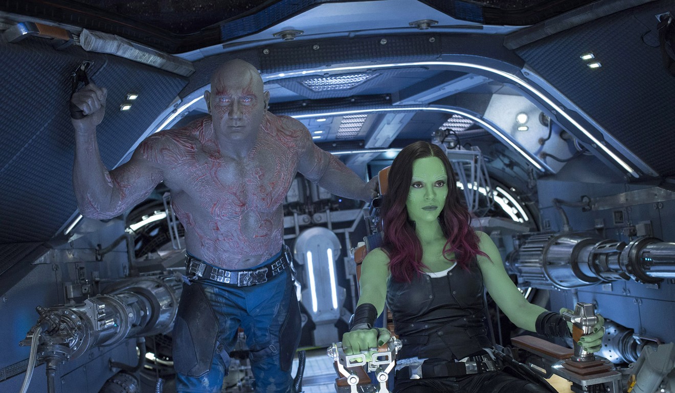 Dave Bautista as Drax and Gamora (Zoe Saldana) in Guardians Of The Galaxy Vol. 2. Photo: Chuck Zlotnick/Marvel Studios