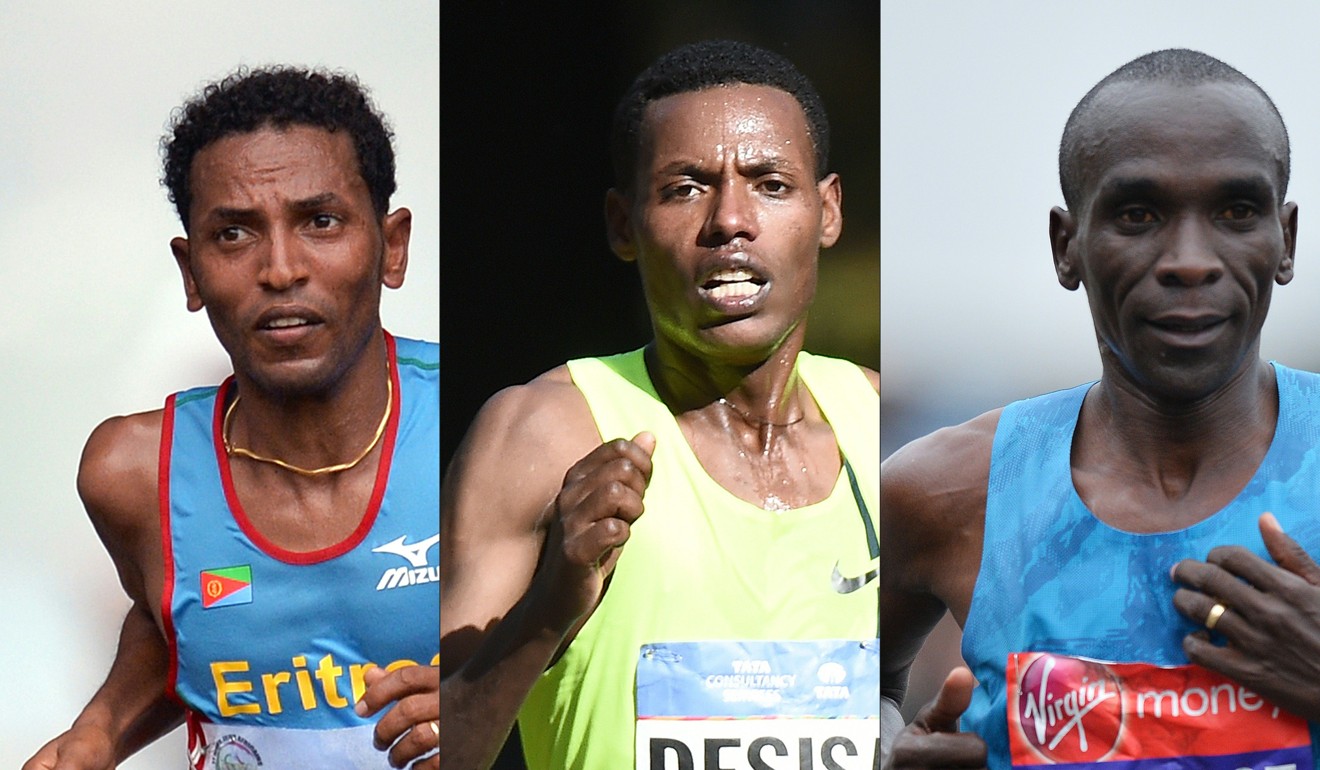 Eritrea's Zersenay Tadese (L), Ethiopia's Lelisa Desisa (C) and Kenyan Eliud Kipchoge, backed by a small army of scientists attempted to run a marathon in less than two hours. Photo: AFP