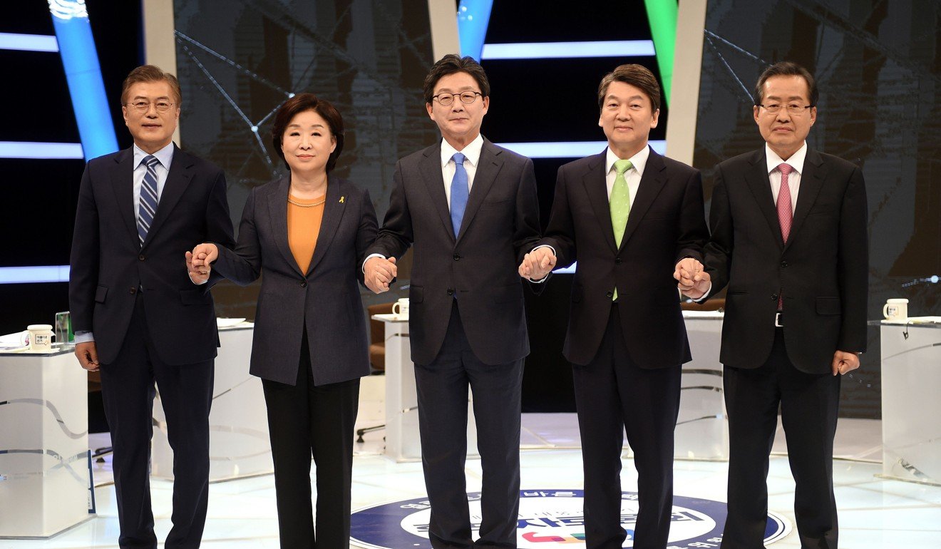 South Korean presidential candidates Moon Jae-in, Sim Sang-jung, Yoo Seung-min, Ahn Cheol-soo and Hong Joon-pyo. Photo: AFP