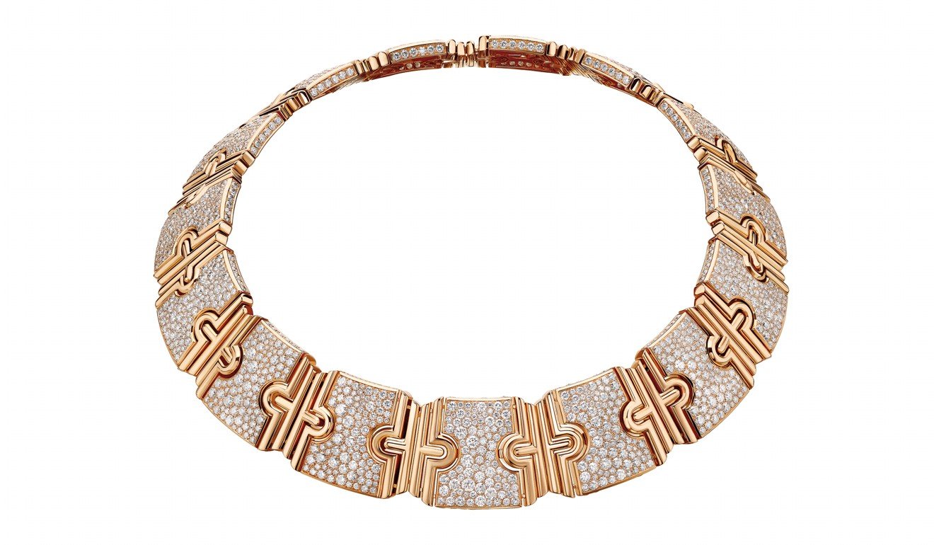 Inspired by Roman architecture and pavements, the interlocking pink gold components – set with a total of 42.17ct of pavé diamonds – combine to form a modern day-to-night necklace. Price on request