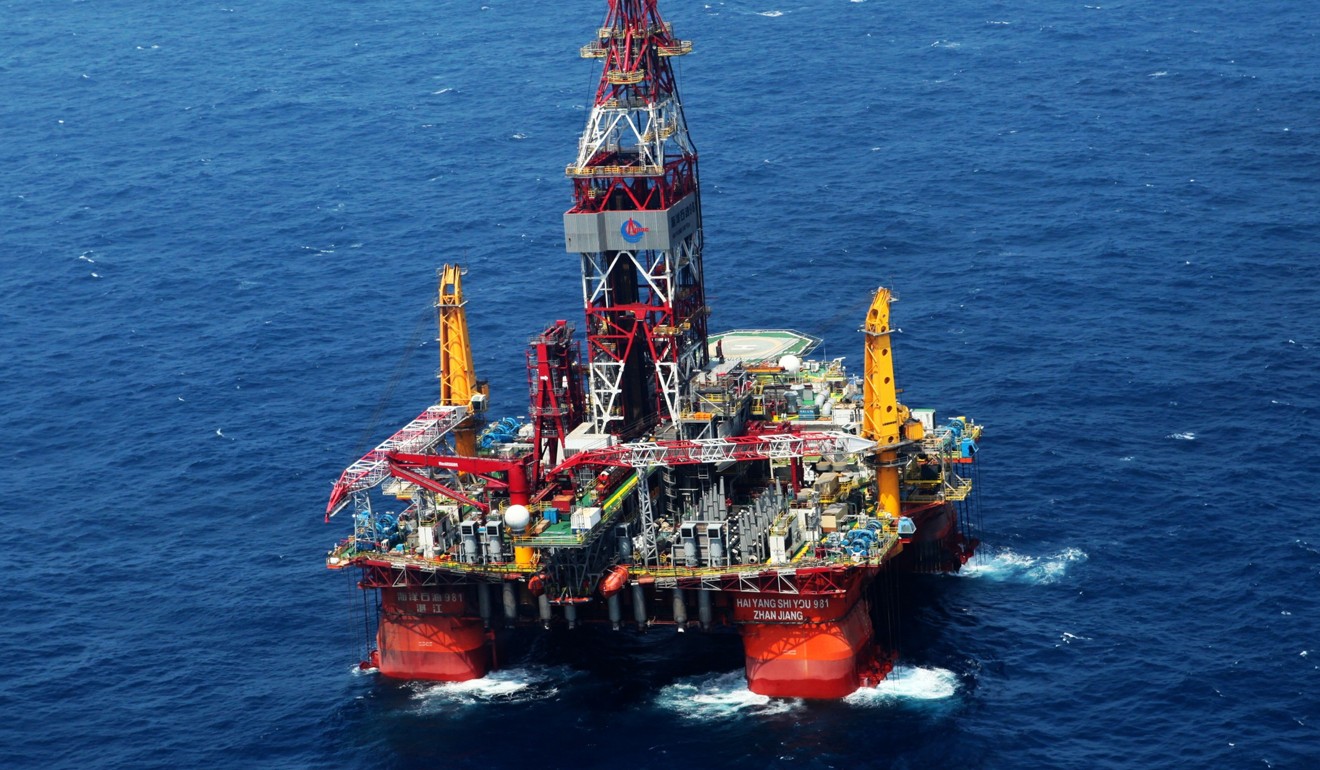 A drilling platform owned by China Oilfield Services, whose shares surged 10 per cent on Friday after China for the first time extracted methane gas from the sea. Photo: Xinhua