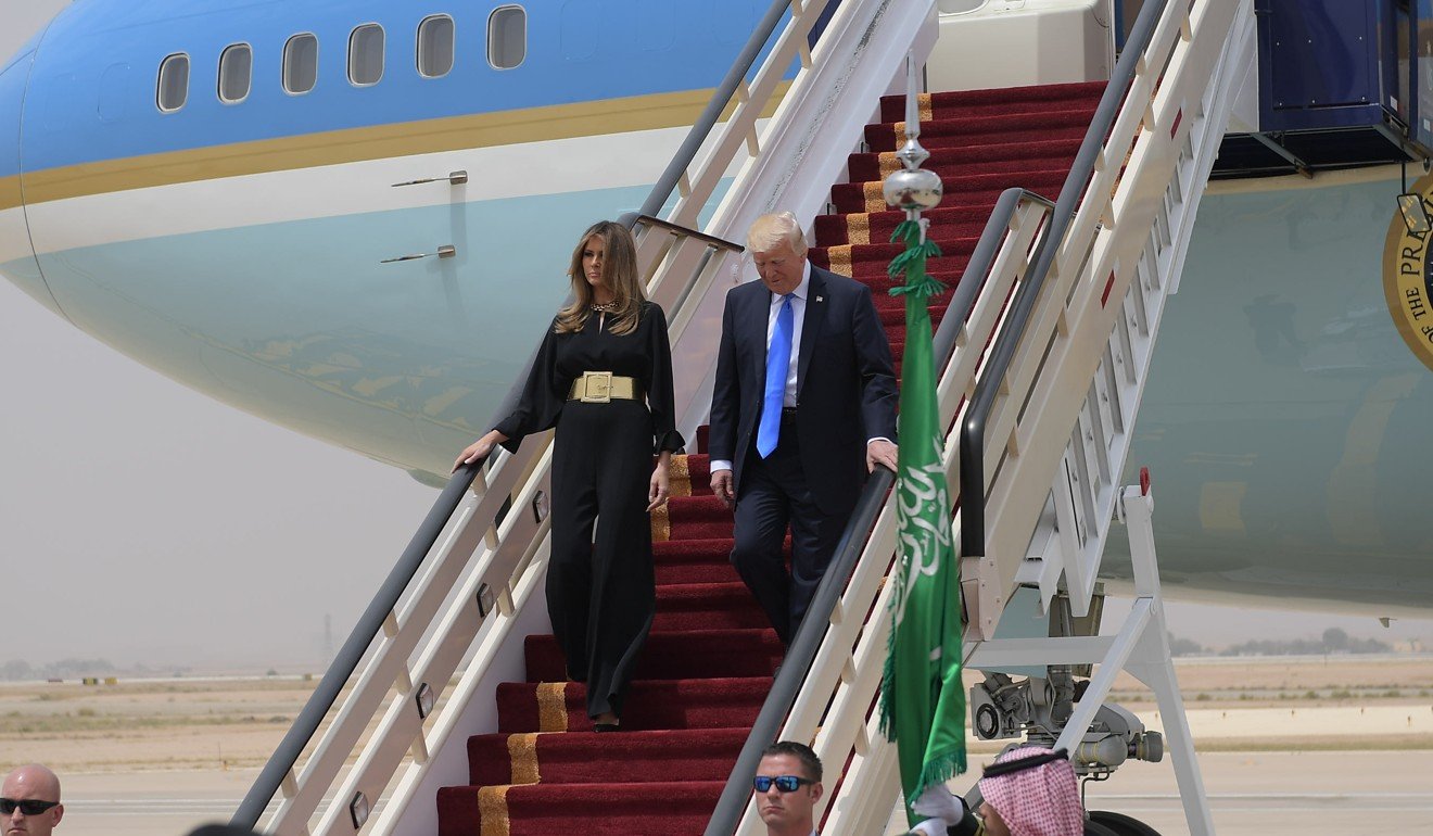 US President Donald Trump and first lady Melania Trump step off Air Force One upon arrival at King Khalid International Airport in Riyadh. Photo: AFP