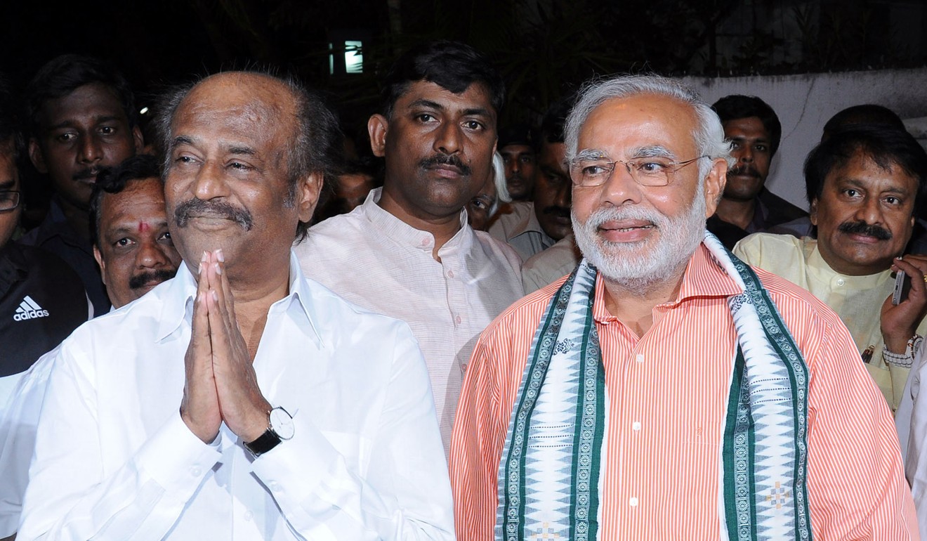 Tamil superstar Rajinikanth with Narendra Modi in 2014, when Modi was running for prime minister. Photo: Xinhua
