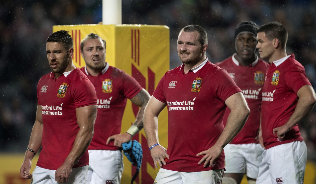 British & Irish Lions captain Ken Owens (centre) stands with his players during their 22-16 loss to the Auckland Blues at Eden Park. Photo: AP
